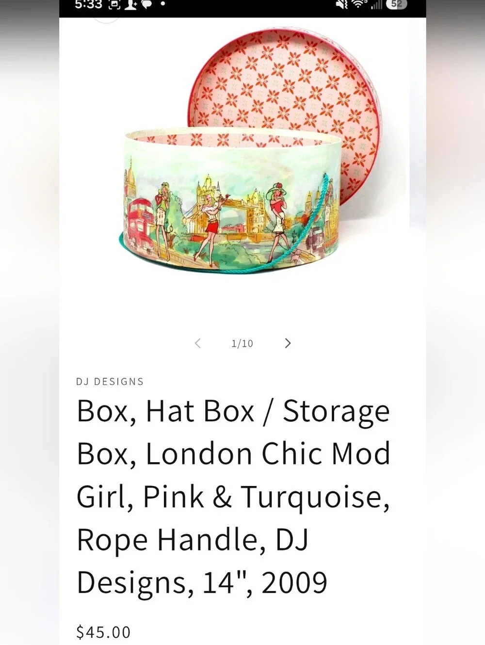 Vintage Hat Box~DJ Designs~London Chic Mod Girl~2009~Big Ben~14 Inch